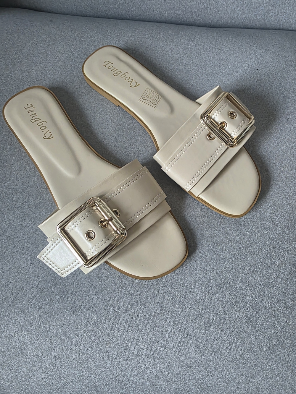 Women's Cream Slide Sandals with Gold Buckle